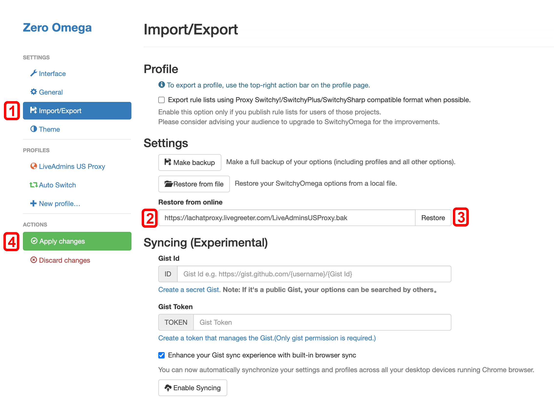 Proxy setup screenshot